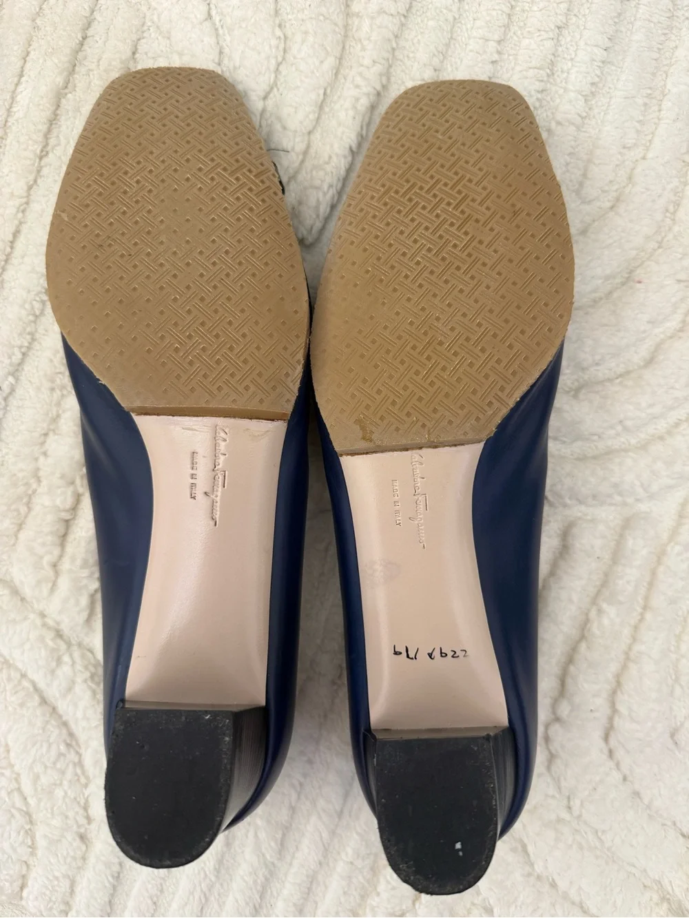 Salvatore Ferragamo Navy Leather Square-Toe Flats with Gold Logo